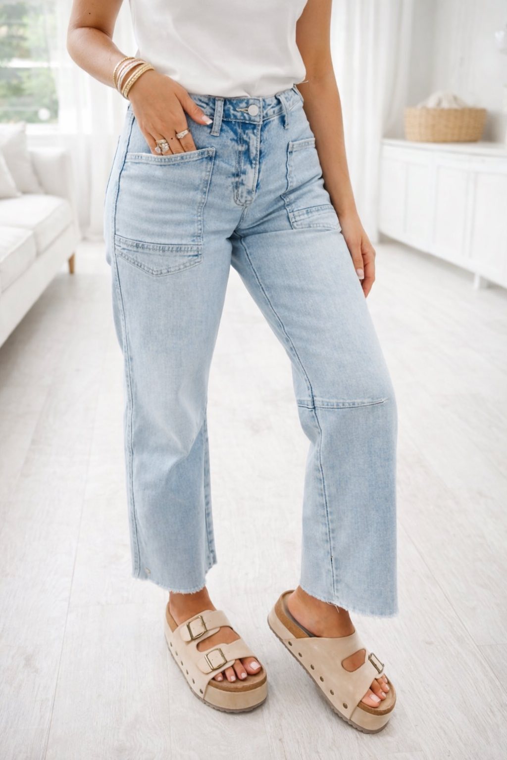 Blue Frayed Cropped Jeans