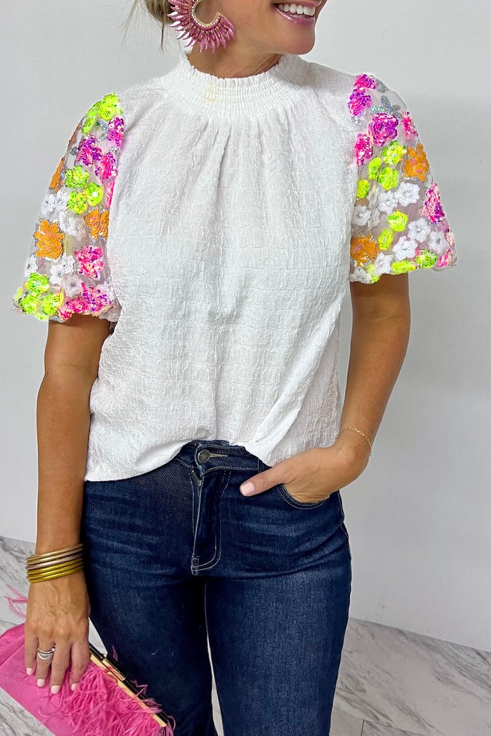 White Sequin Flower Sleeve Top – February