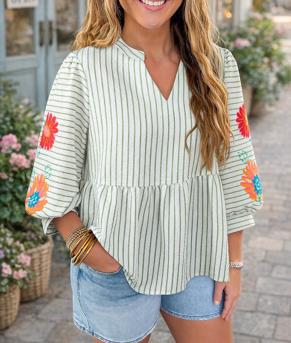 Green Stripe Flower Babydoll Blouse – February