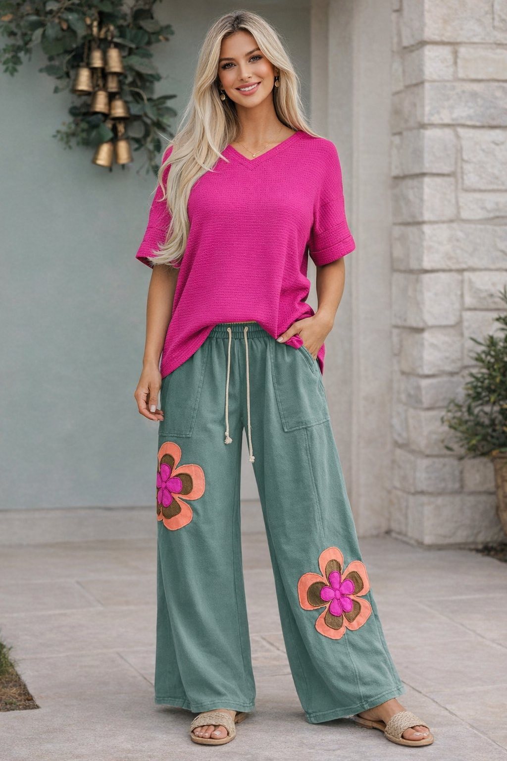 Pink Waffle Knit Top and Flower Patchwork Drawstring Pants Outfit