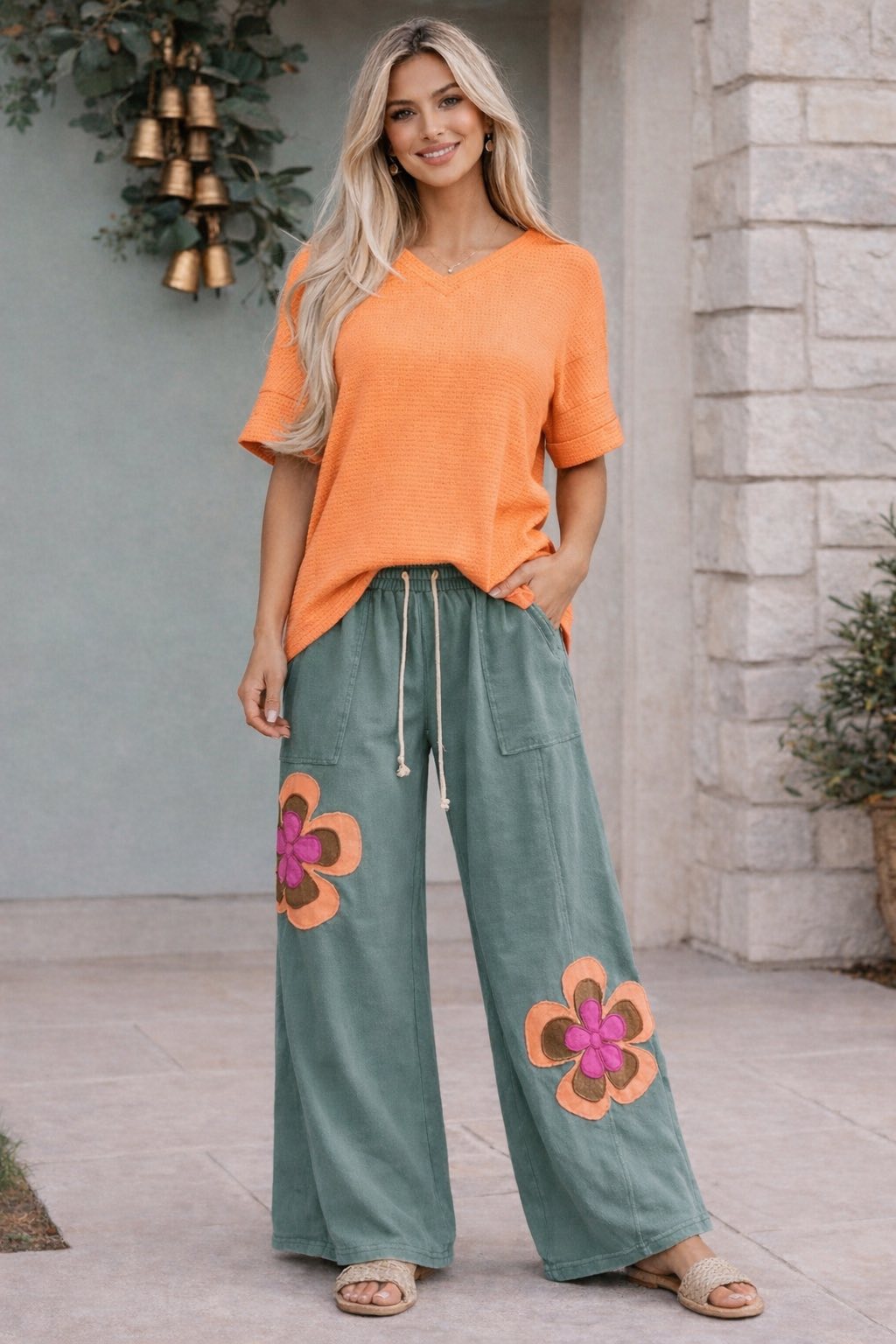 Orange Waffle Knit Top and Flower Patchwork Drawstring Pants Outfit