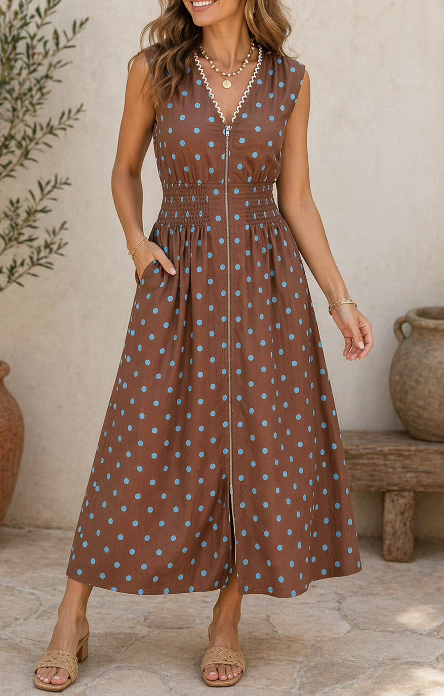 Brown Polka Dot Sleeveless Dress