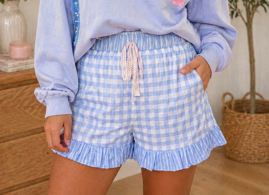 Blue Gingham Ruffle Shorts