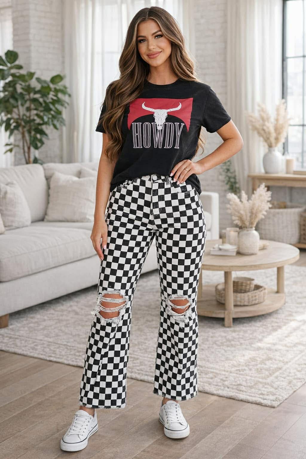Black Checkered Distressed Jeans Outfit