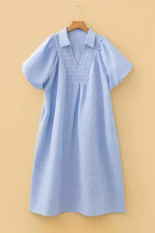 Blue Stripe Shirred Dress Plus