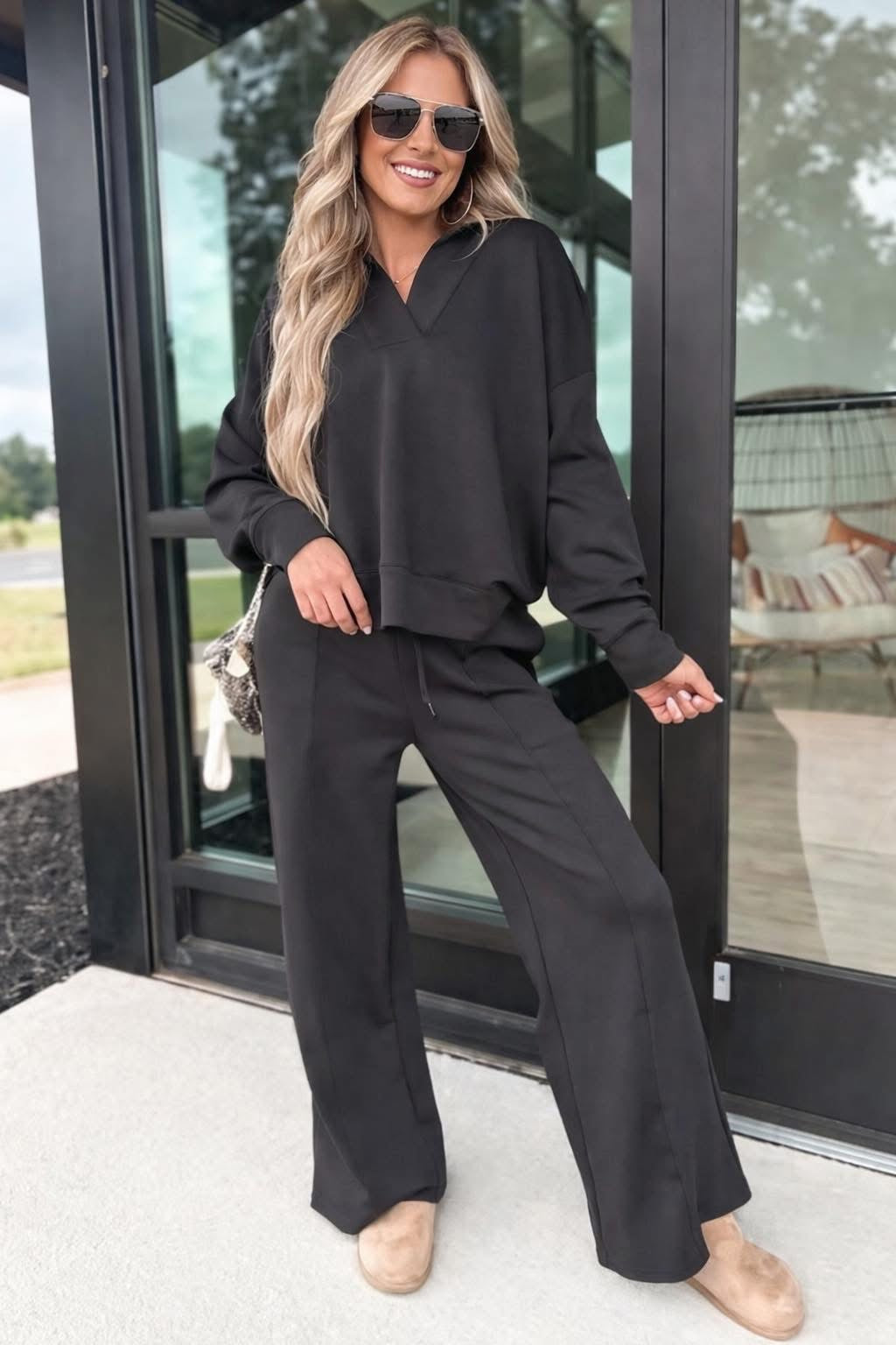 Black Collared V Neck Pullover Set