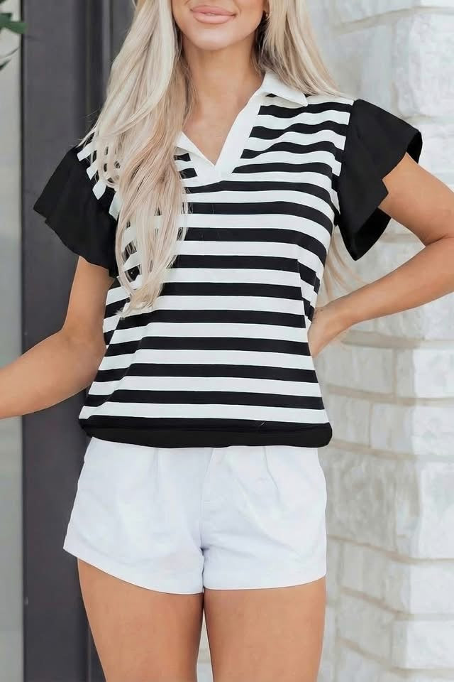 Black Stripe Ruffled Blouse