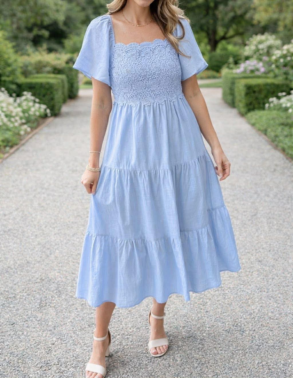Blue Flowy Lace Tiered Dress