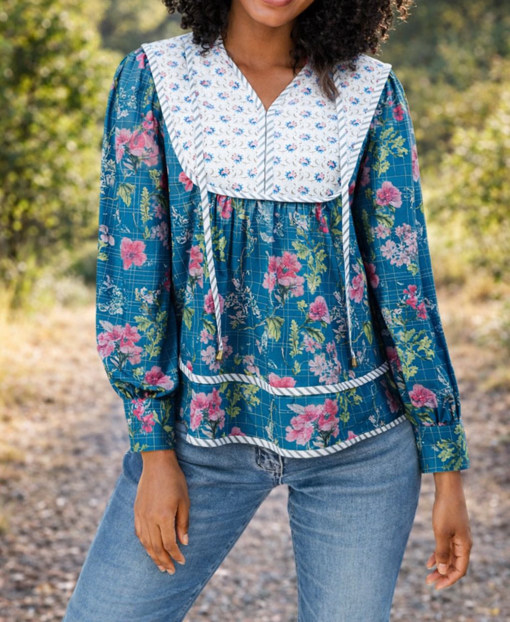 Blue Floral Patchwork Blouse