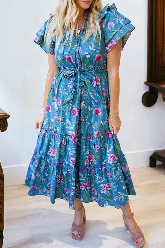 Blue Floral Belted Dress
