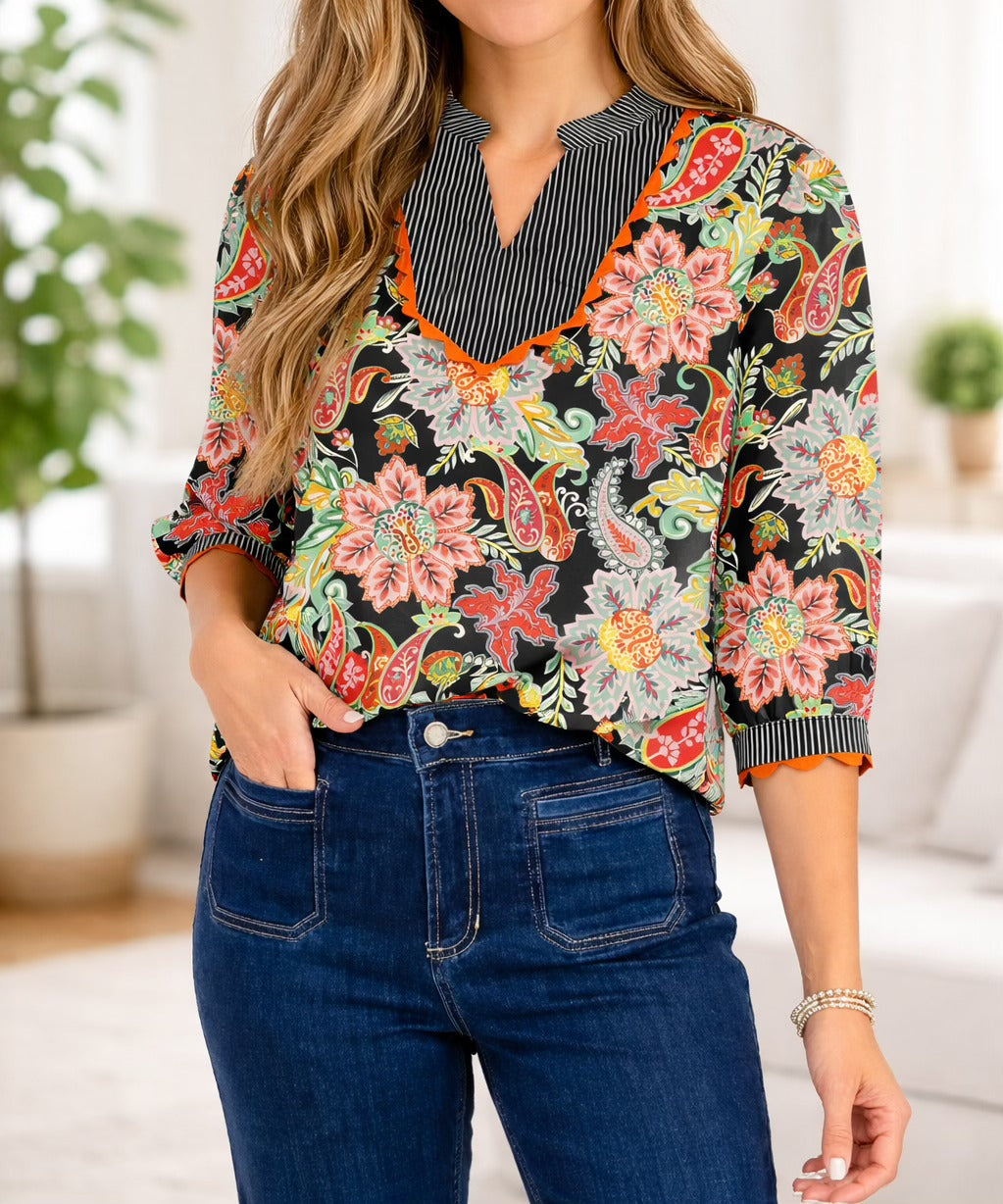 Black RicRac Floral Blouse