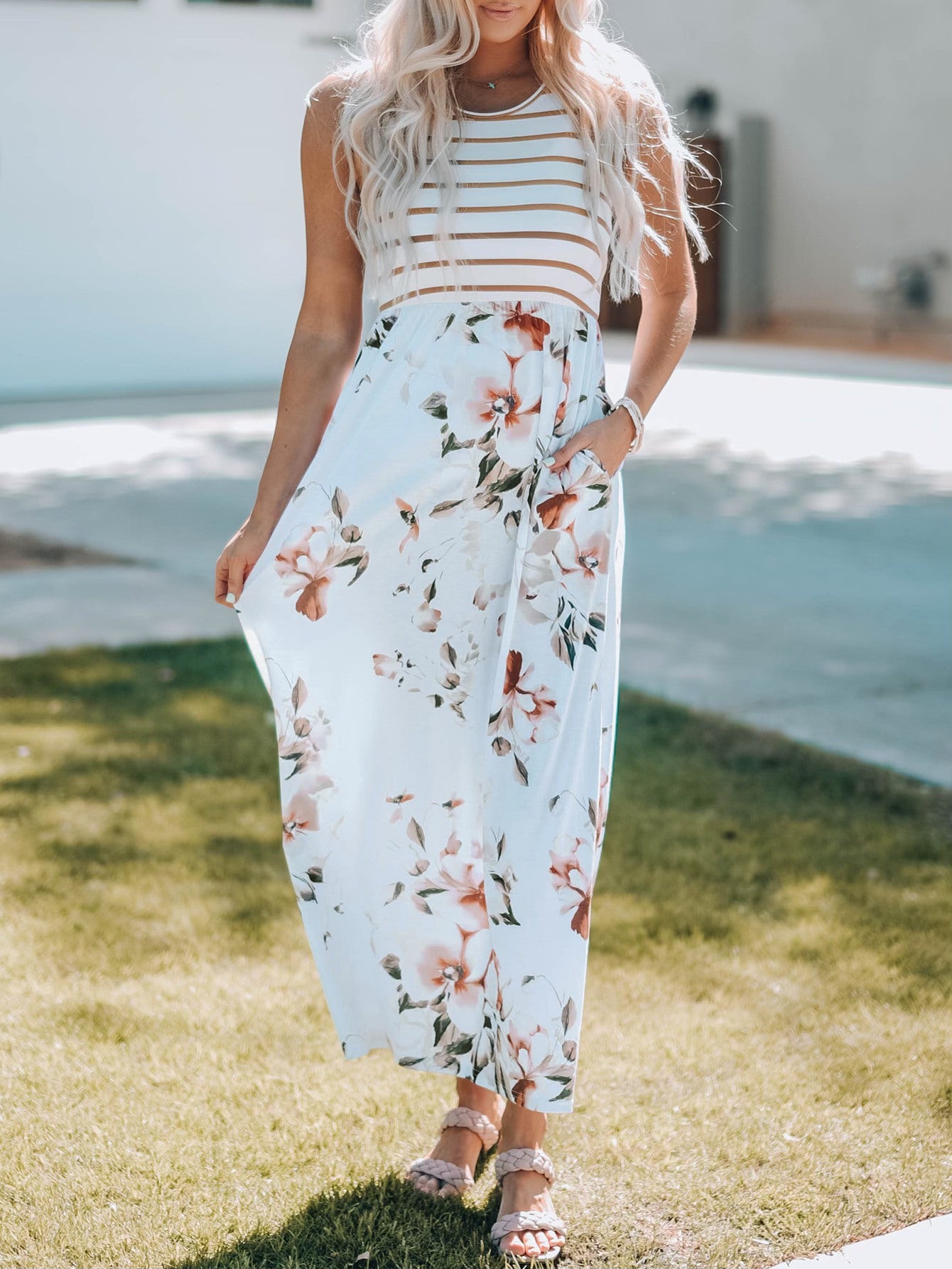 White Striped Floral Dress