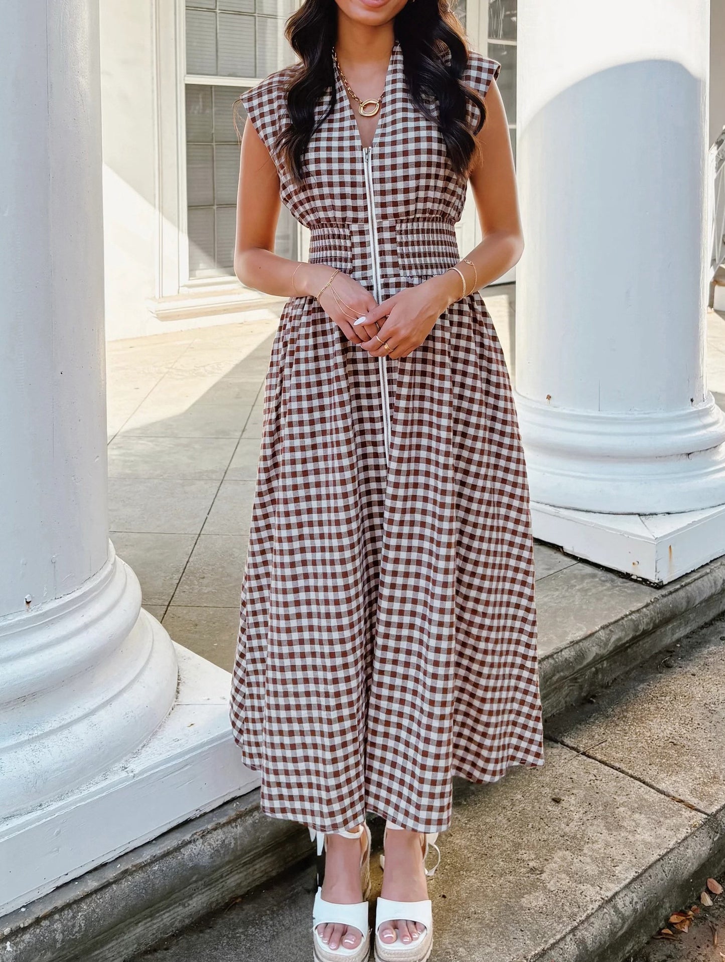 Plaid Zipper Maxi Dress