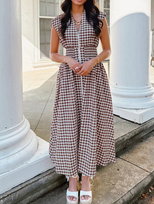 Plaid Zipper Maxi Dress