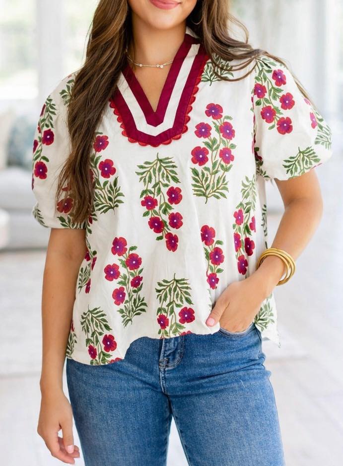 White Floral Contrast Slit Blouse LT