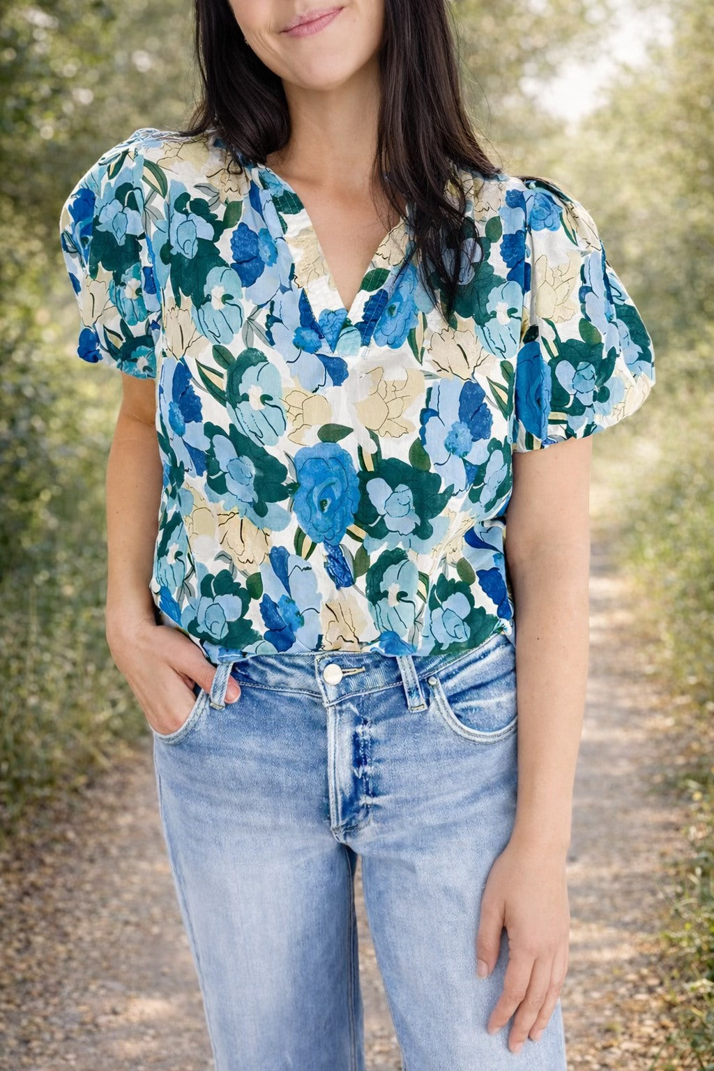 Blue Floral V Neck Blouse