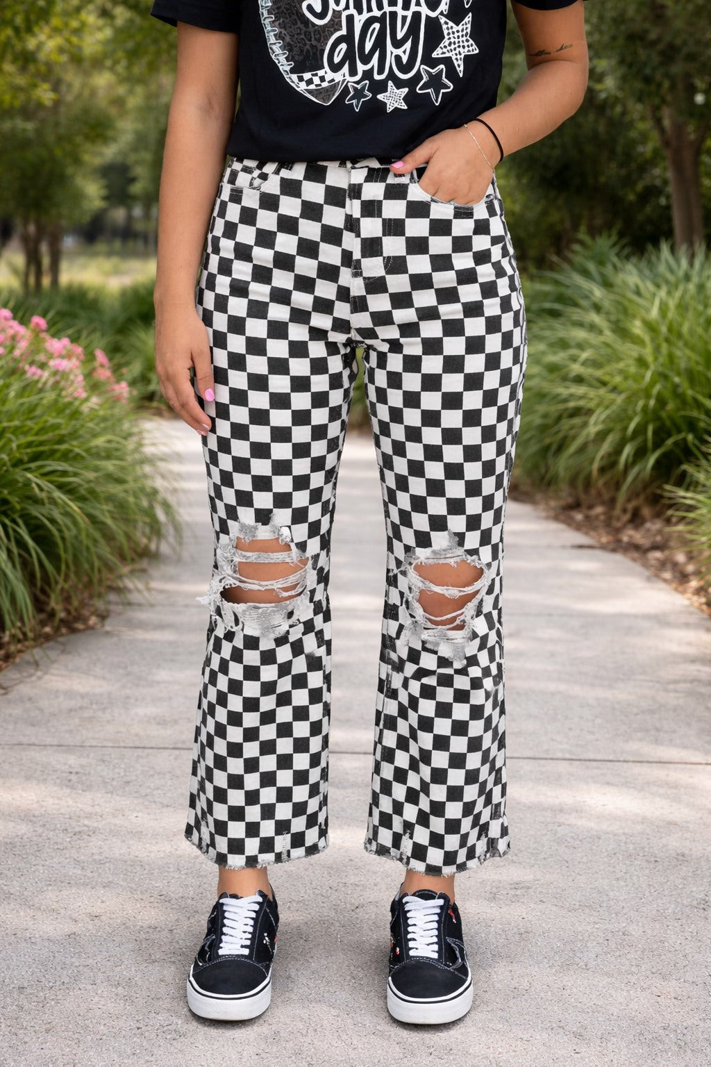 Black Checkered Distressed Jeans