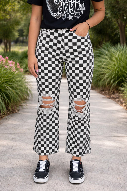 Black Checkered Distressed Jeans