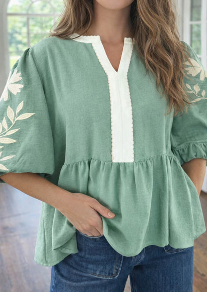 Green Embroidered Babydoll Blouse