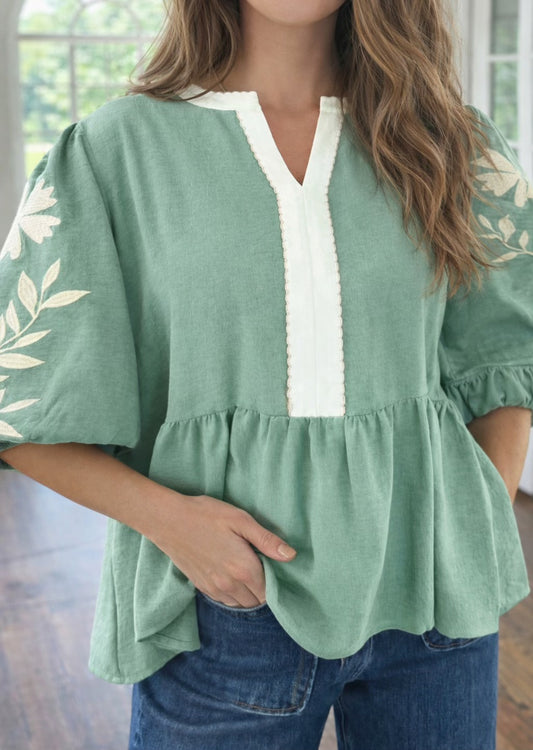 Green Embroidered Babydoll Blouse
