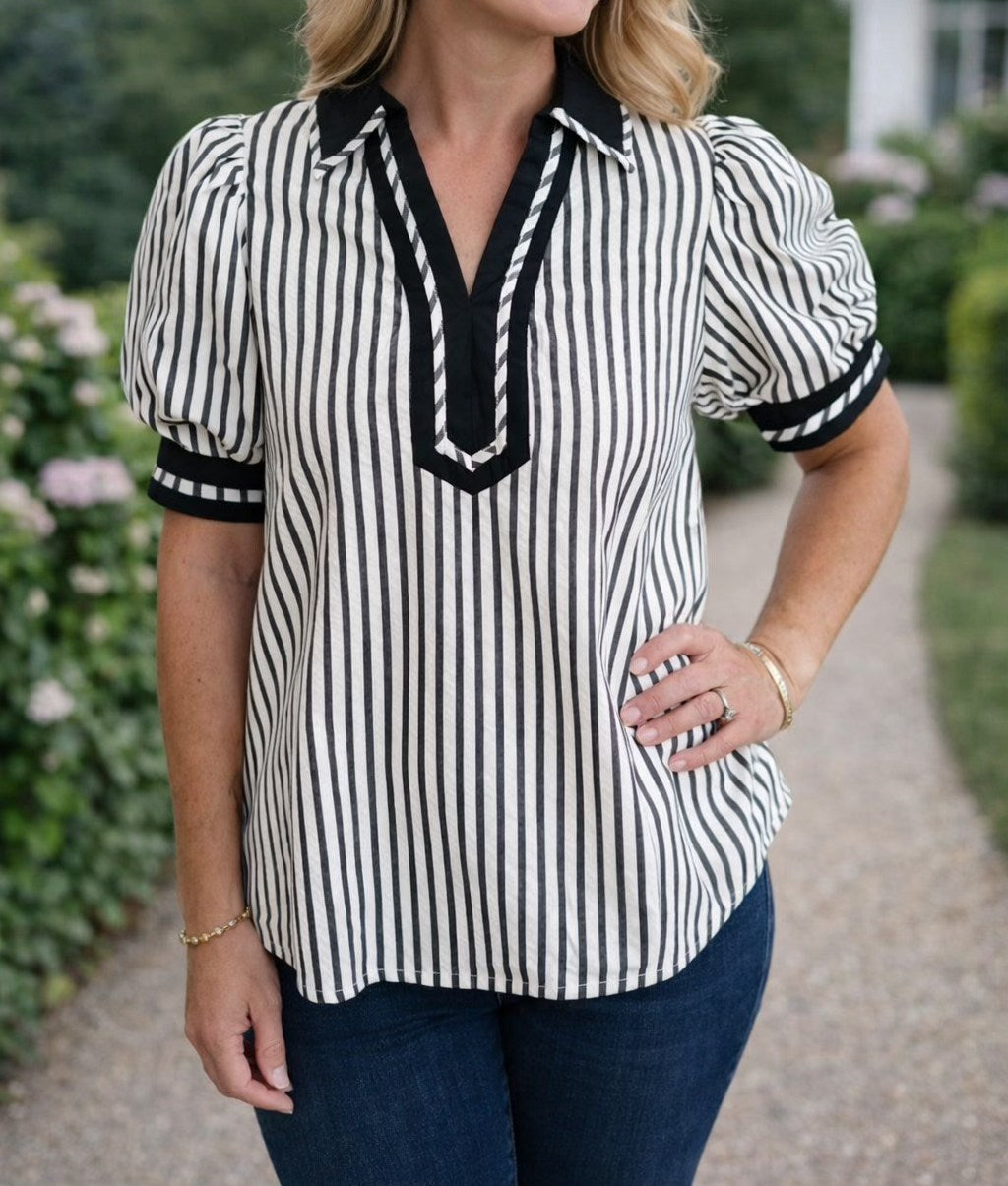 Black Stripe Bubble Sleeve Blouse