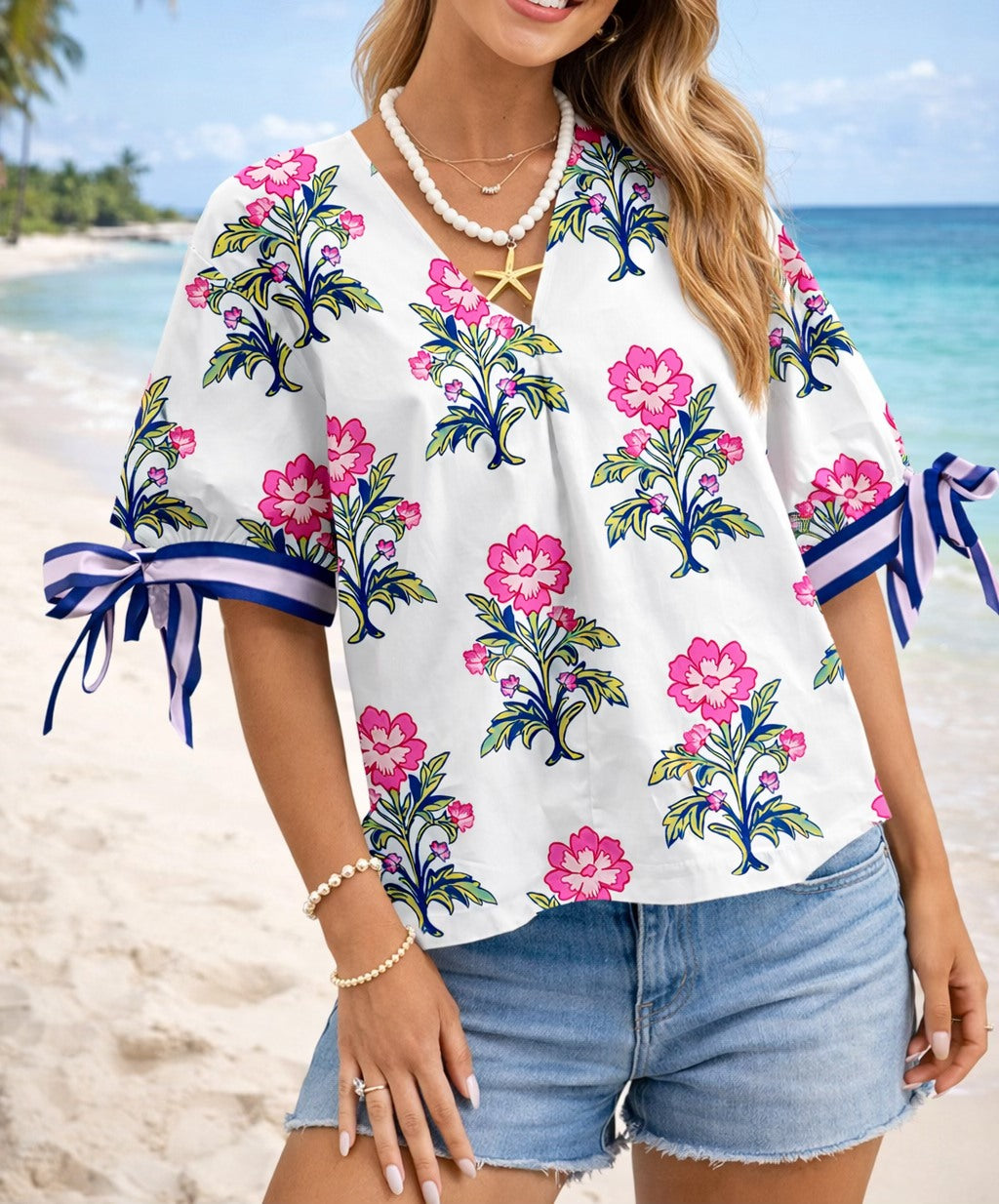 White Floral Knot Sleeve Blouse