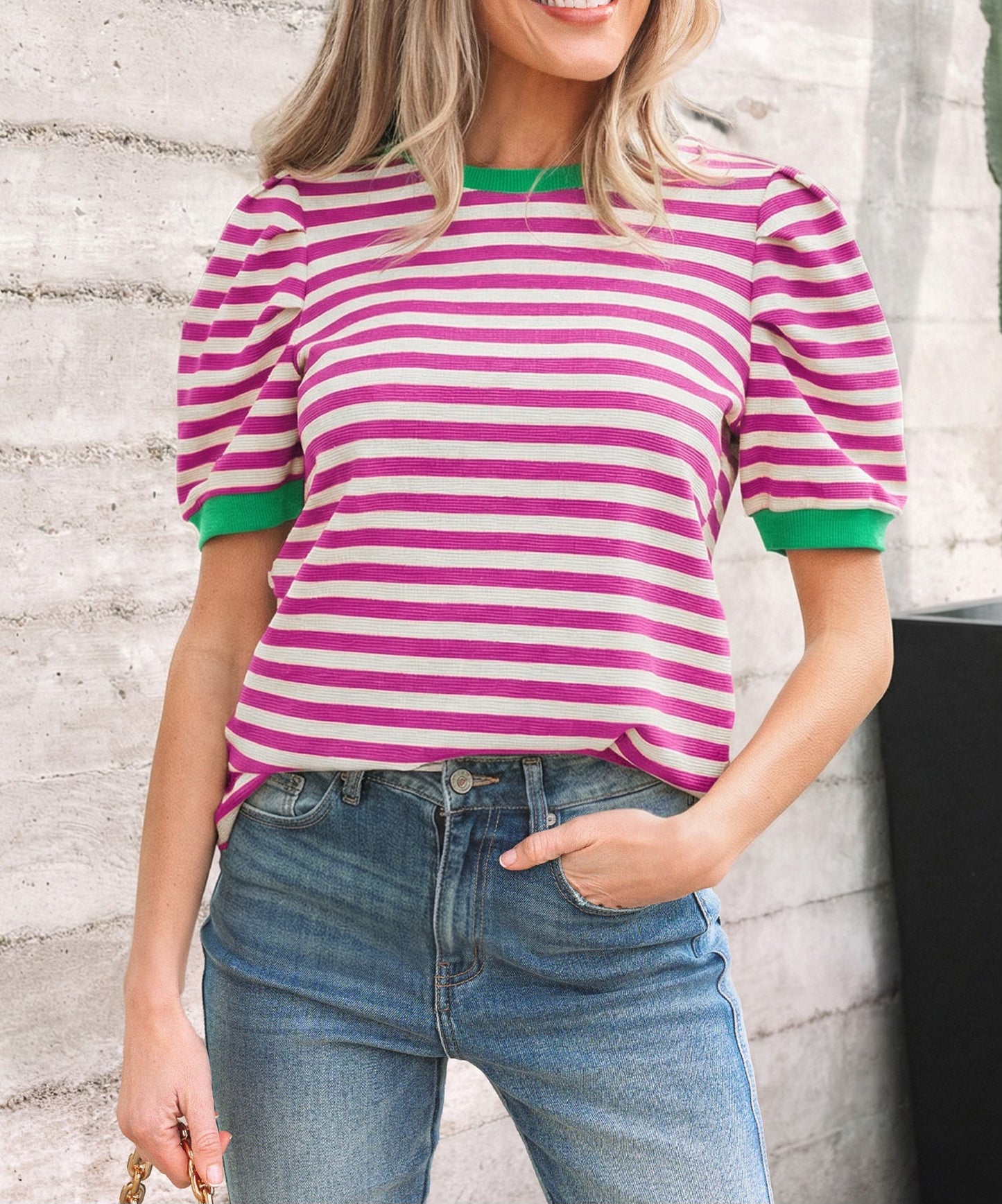 Rose Stripe Trim Top