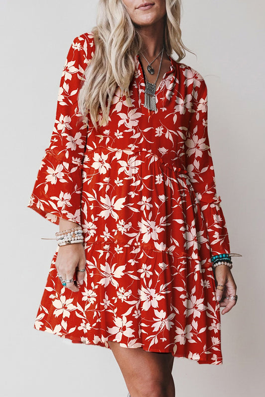Red Boho Floral Mini Dress