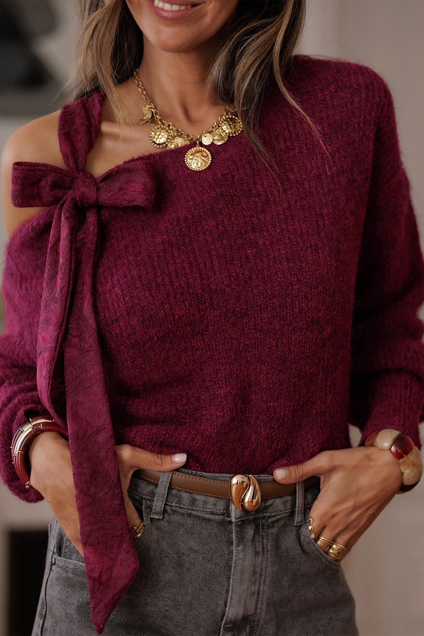 Burgundy Lace Bowknot Sweater
