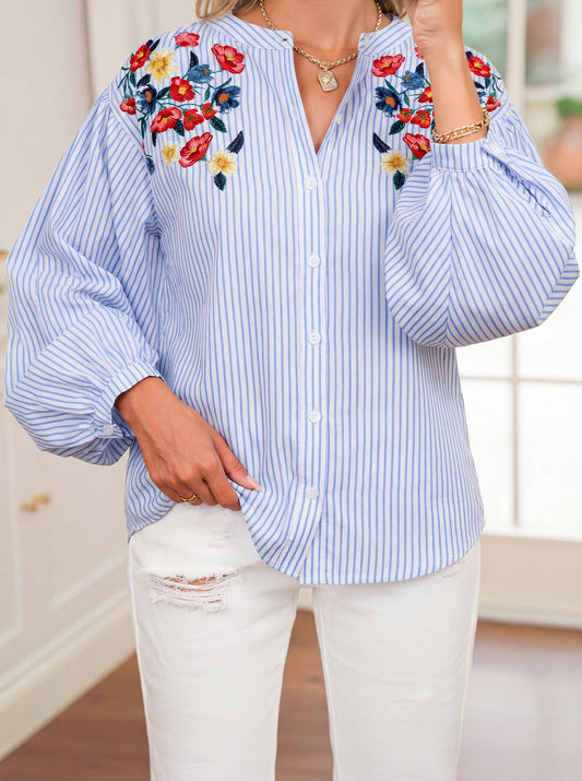 Blue Stripe Floral Embroidered Shirt