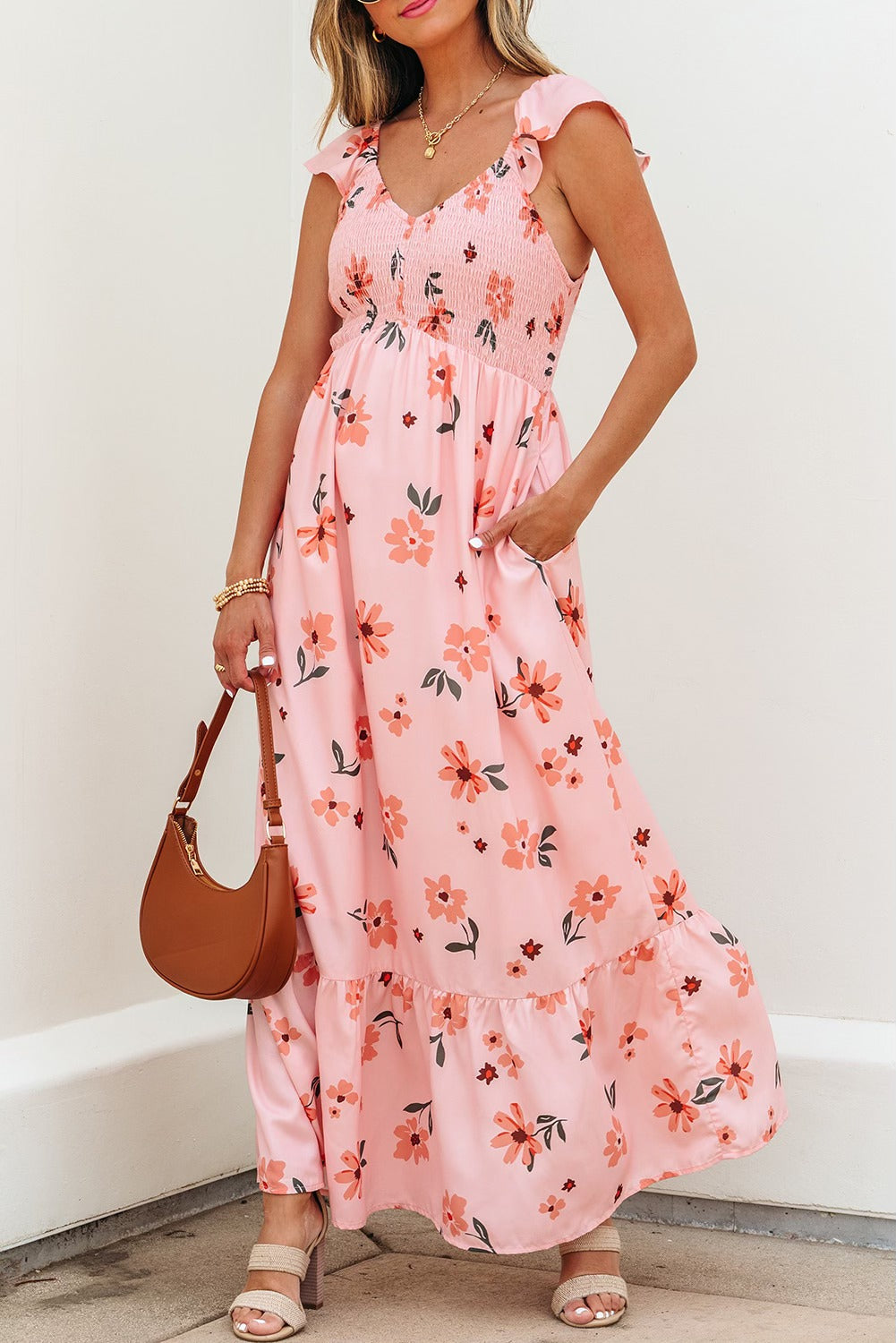 Pink Floral Smocked Long Dress