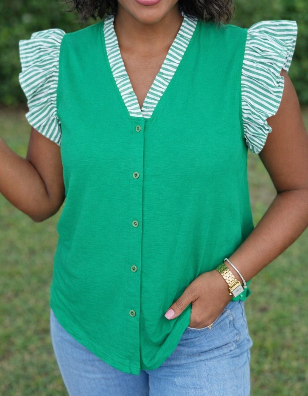Green Plus Stripe Trim Blouse