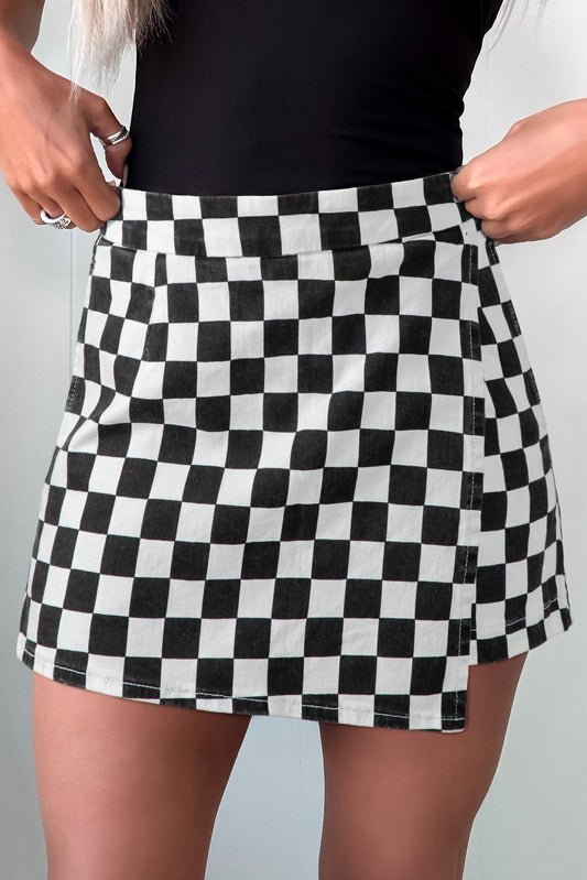 Black Checkered Denim Shorts