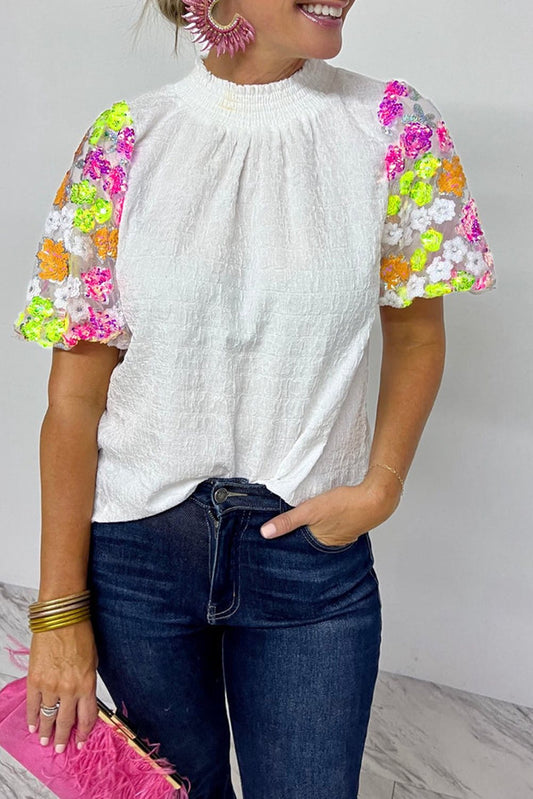 White Sequin Flower Sleeve Top – February