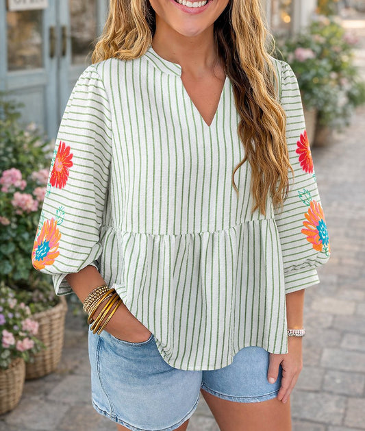 Green Stripe Flower Babydoll Blouse – February