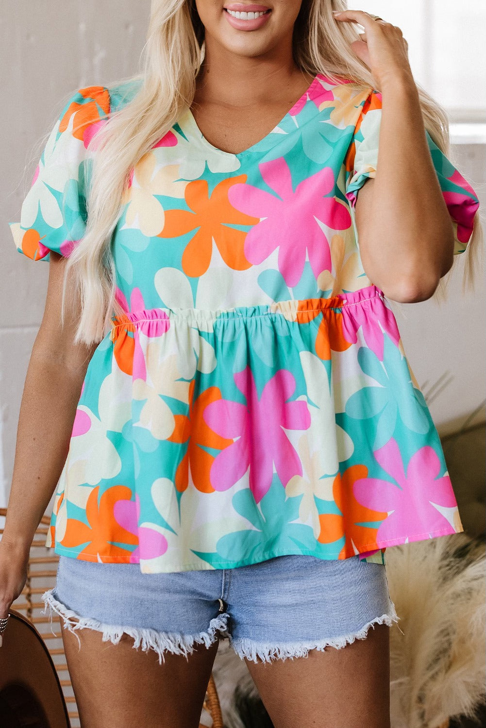 Teal Floral Peplum Blouse