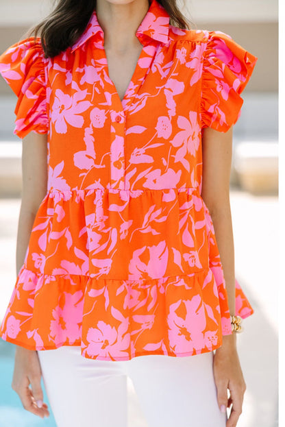 Orange Floral Flutter Blouse
