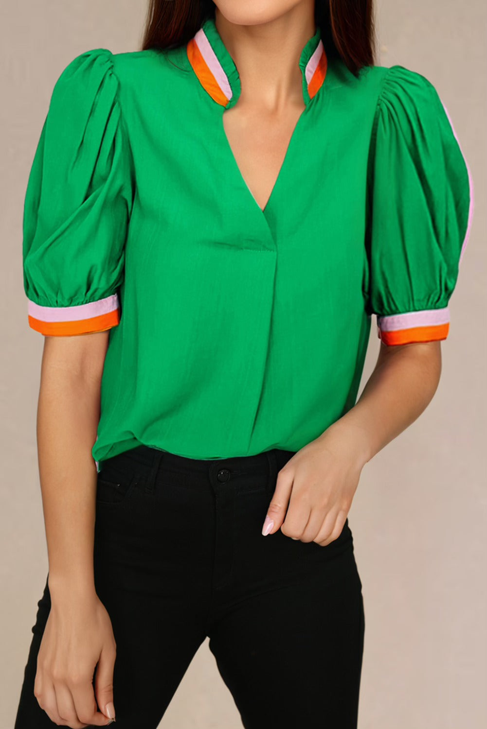 Green Colorful Trim Blouse