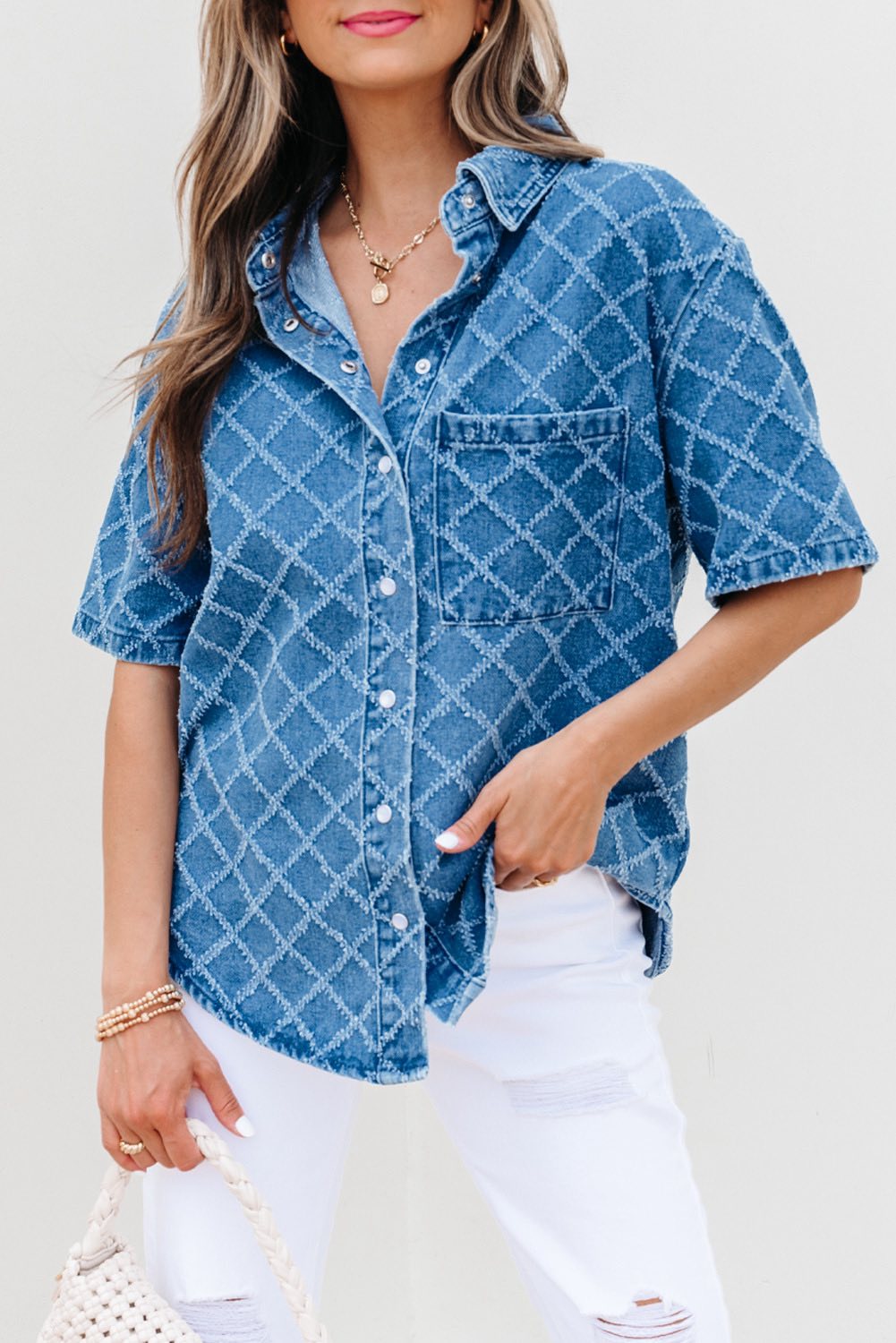 Blue Checkered Textured Denim Top