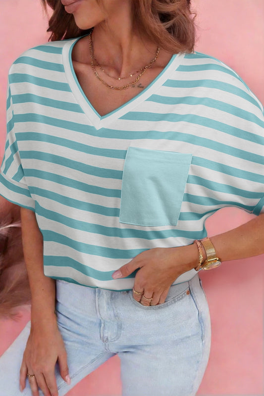 Blue Stripe V Neck Top