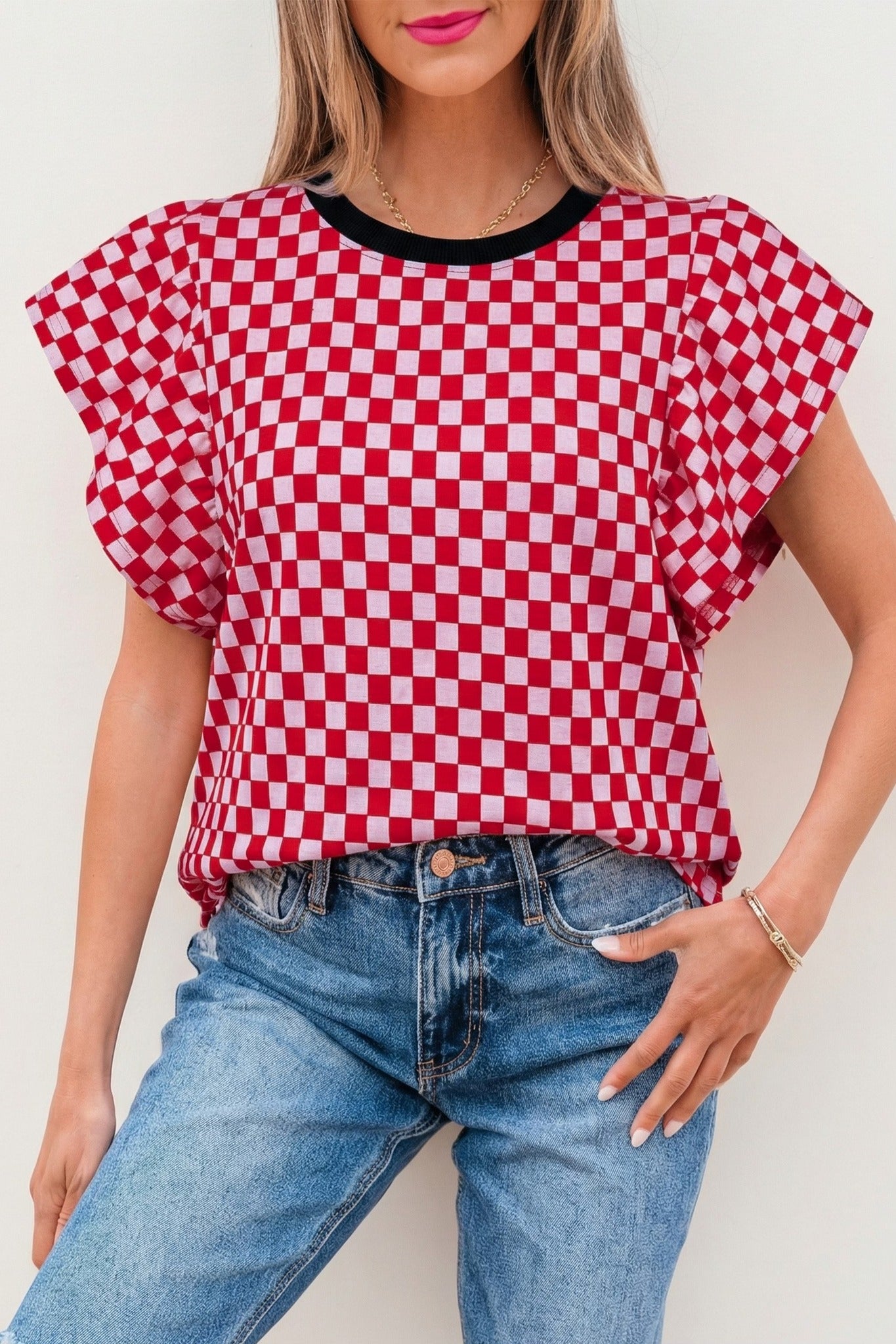 Red Checkered Ruffle Top