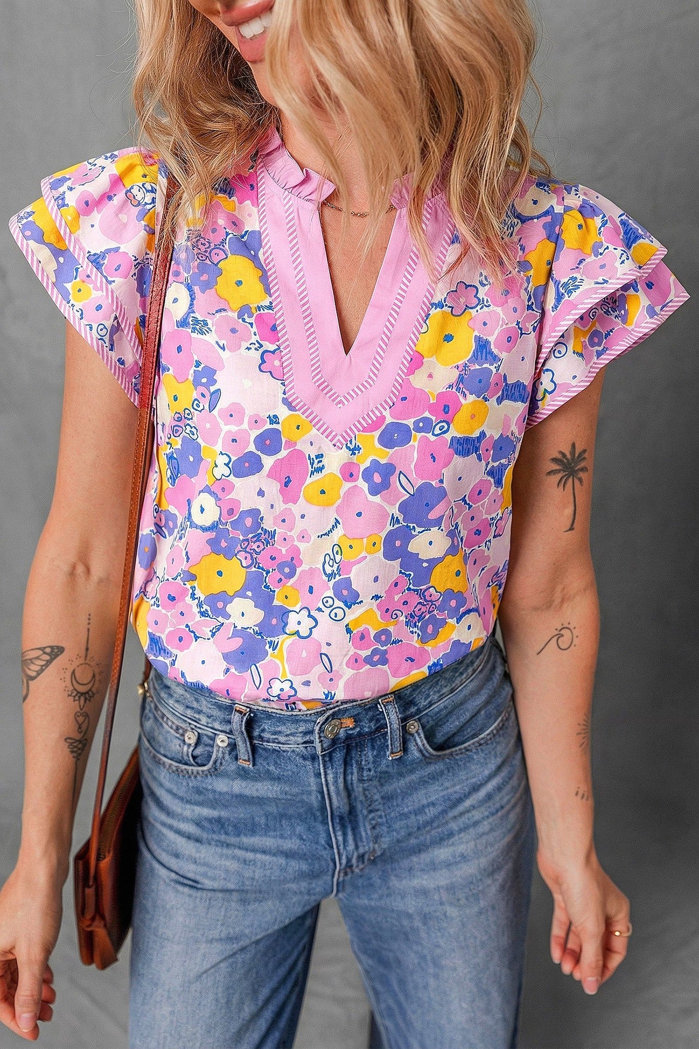 Pink Floral V Neck Blouse