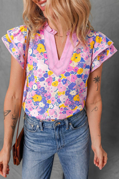 Pink Floral V Neck Blouse