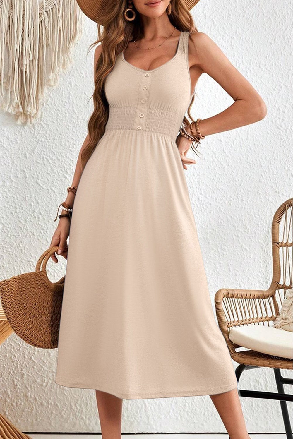 Apricot Shirred Midi Dress