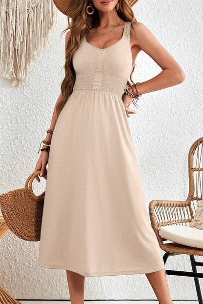 Apricot Shirred Midi Dress