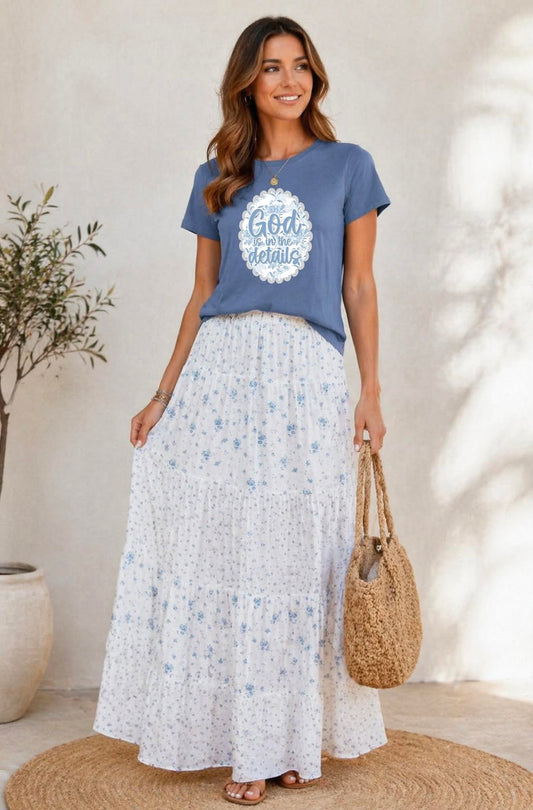 God Is In The Details Tee and Blue Waist Floral Boho Skirt Outfit