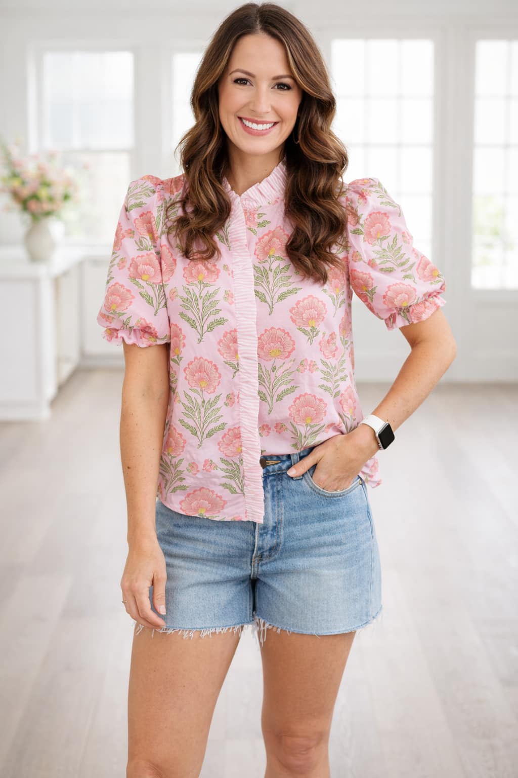 Sweet Bloom Puff Blouse and Denim Shorts Outfit