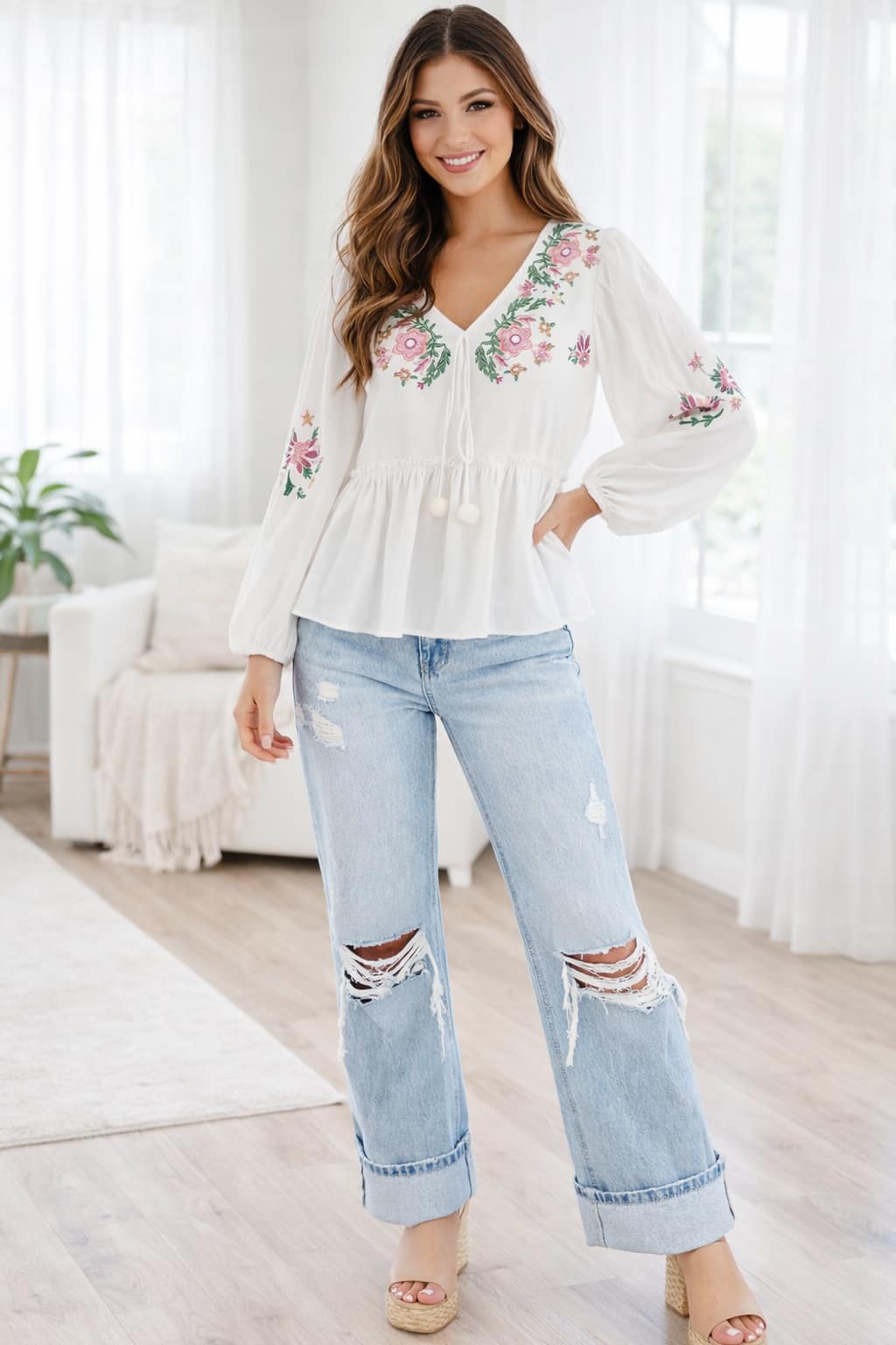 White Flower Babydoll Blouse and Distressed Light Wash Jeans Outfit