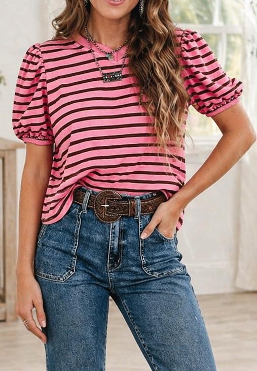 Stripe V Neck Cuff Blouse
