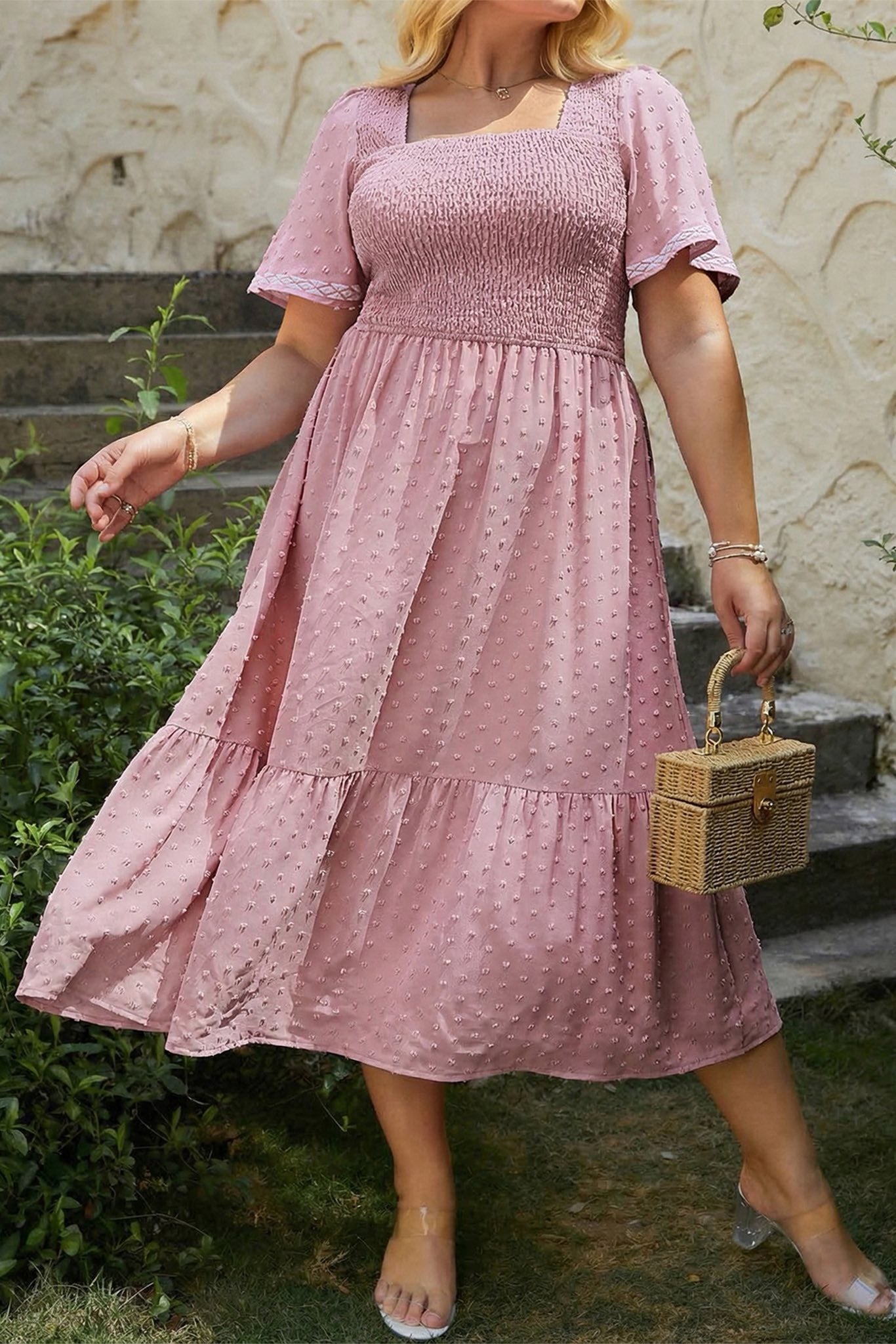 Pink Plus Smocked Midi Dress